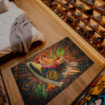 Colorful rug with a shoe design on a wooden floor next to a bed.

