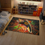 Colorful rug with a horse design on a wooden floor in a room with shelves and shoes.


