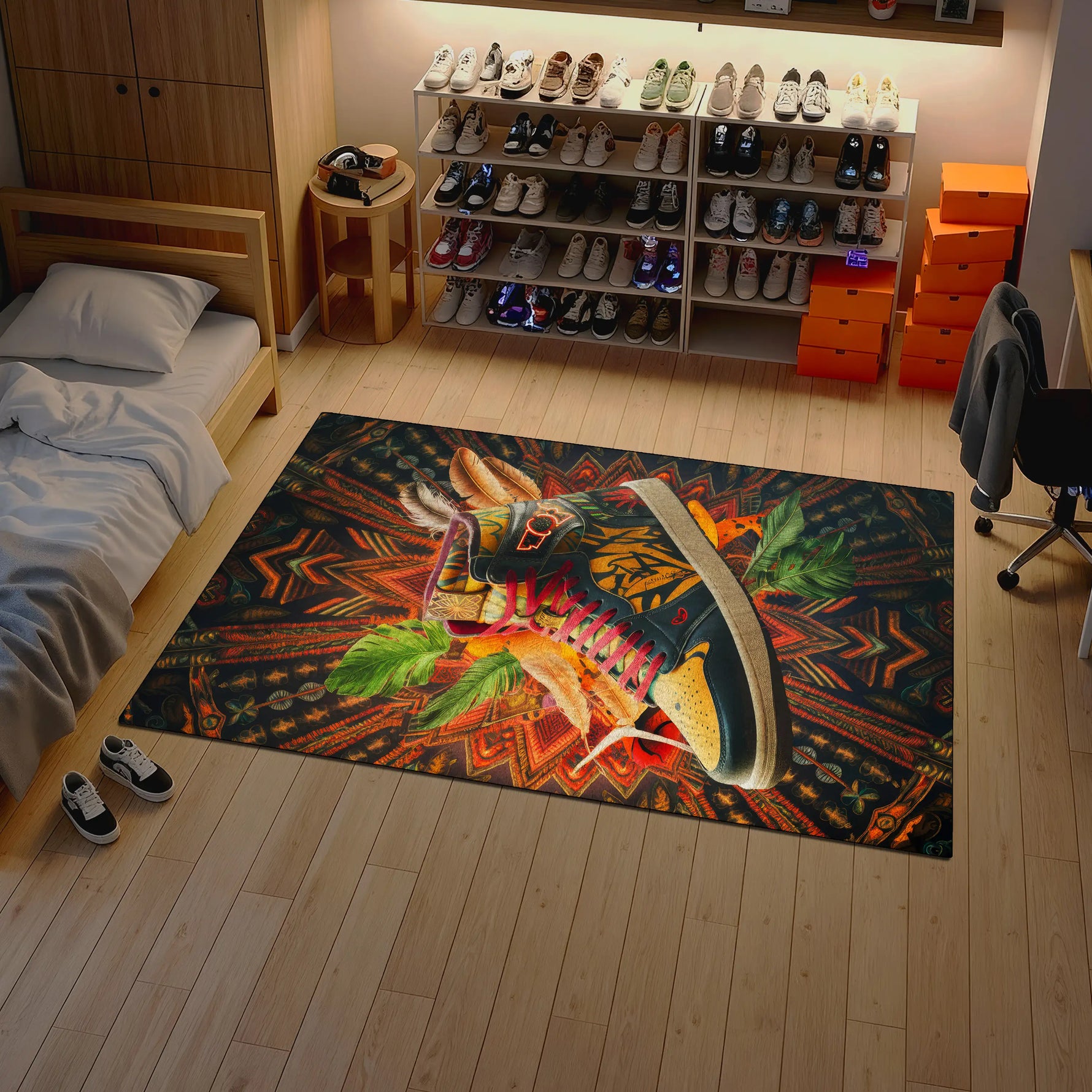 Colorful rug with a horse design on a wooden floor in a room with shelves and shoes.

