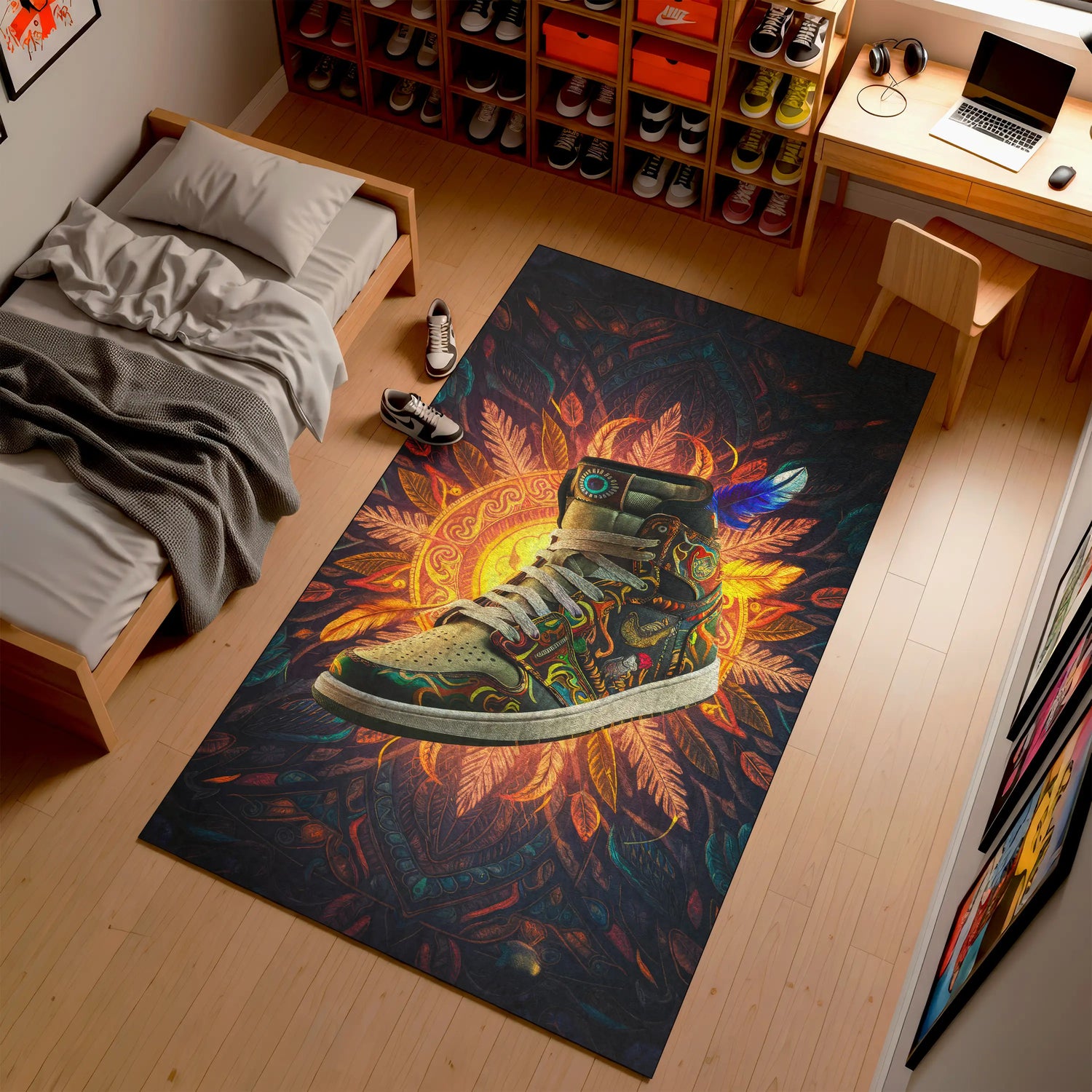 Psychedelic sneaker rug with mandala background, washable design
