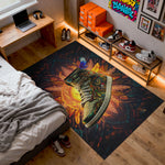 Colorful sneakers on a decorative rug in a room with a bed and shelves.