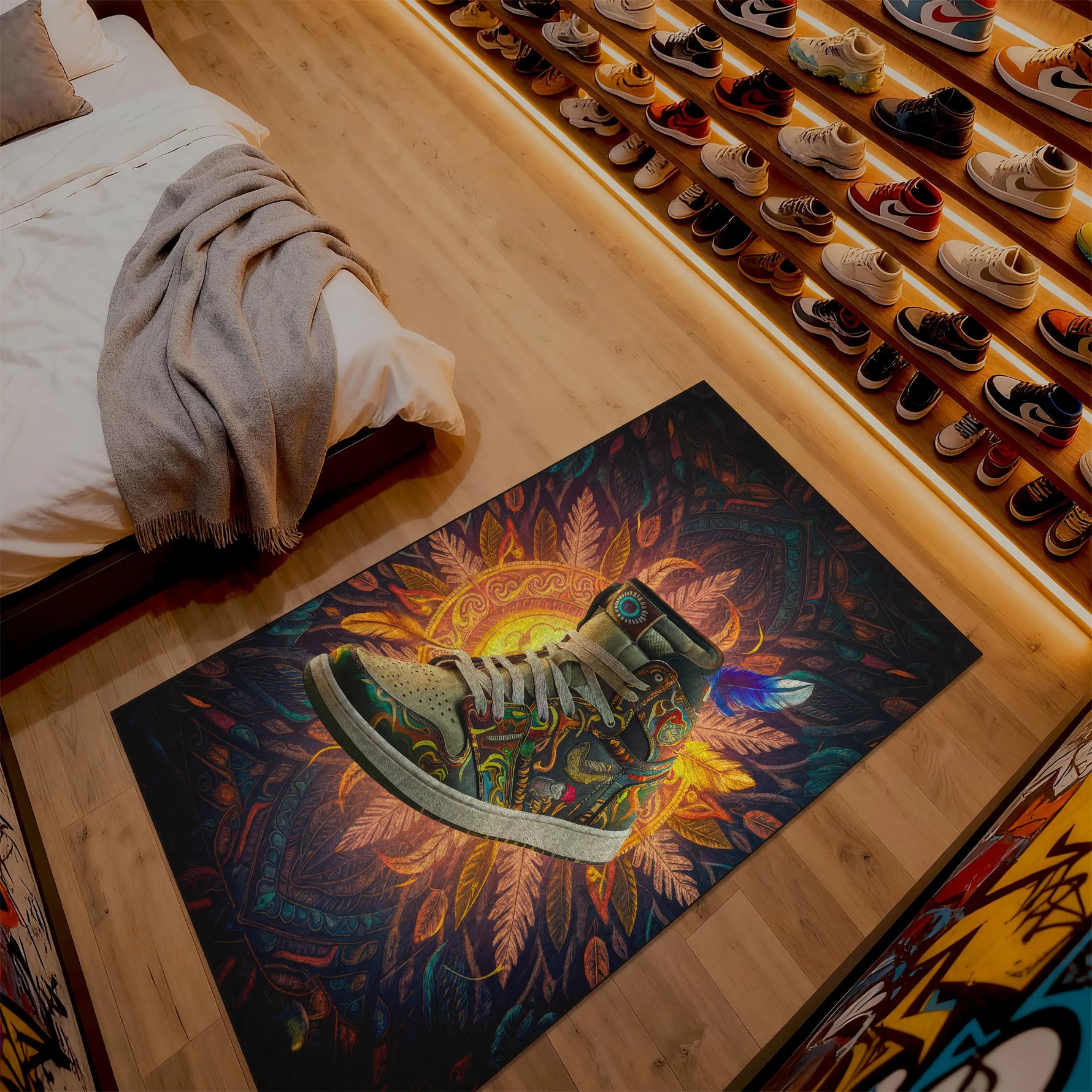 Colorful rug with a shoe design on a wooden floor next to a bed.