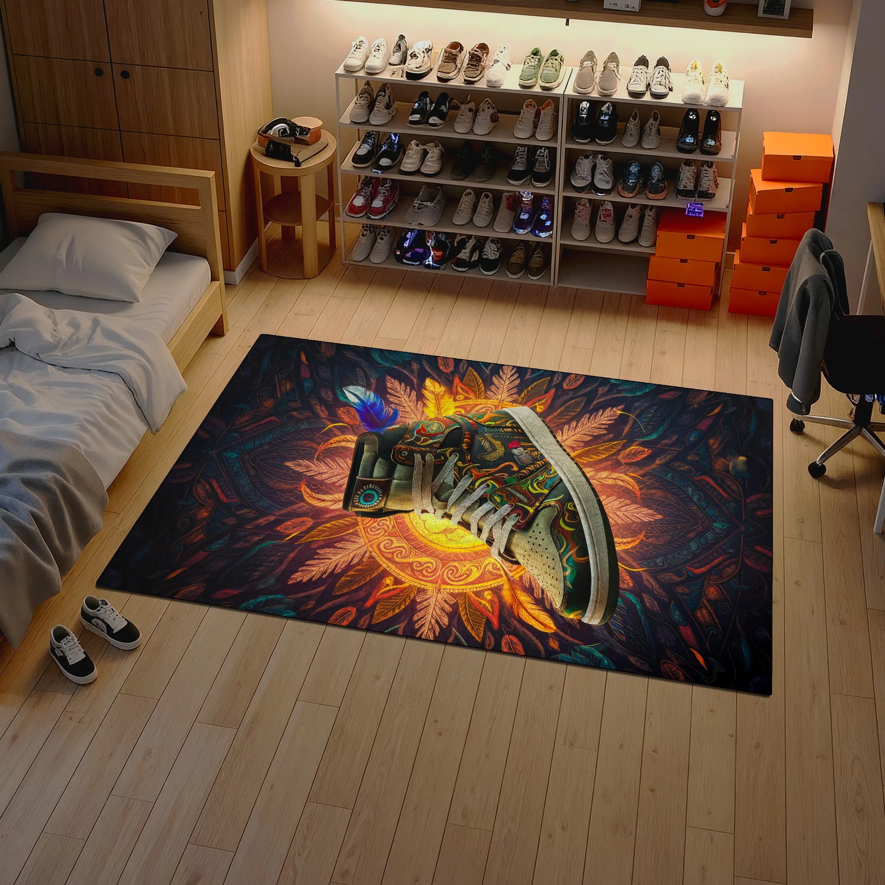 Colorful rug with a shoe design in a room with shelves and furniture.

