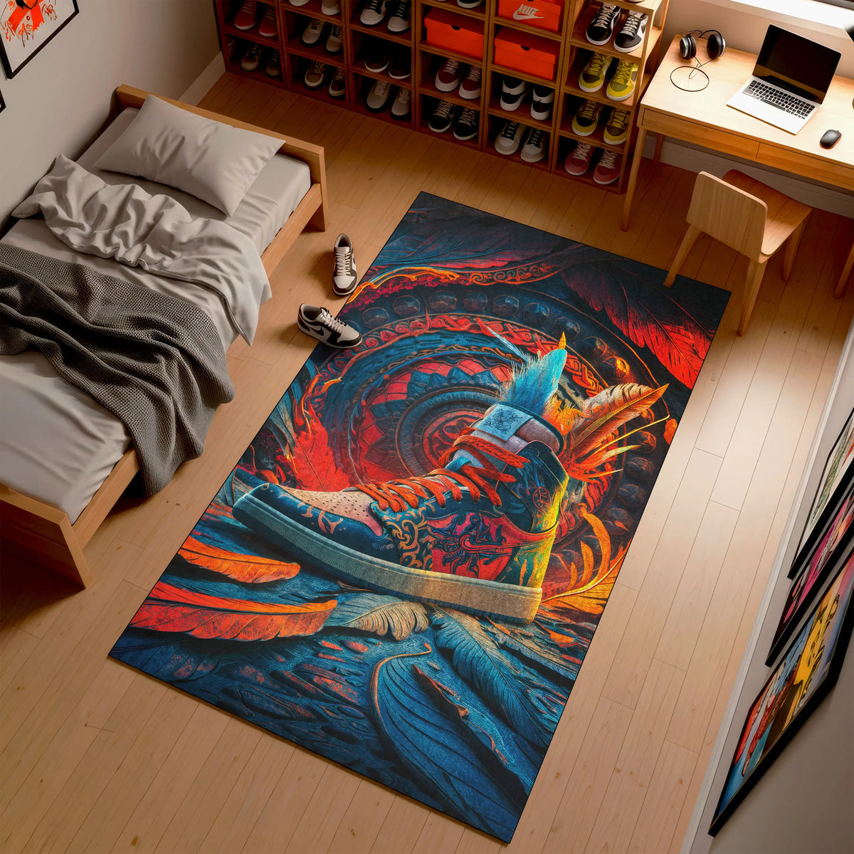 Colorful rug with a shoe design on a wooden floor in a room with a bed and desk.

