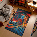 Colorful rug with a shoe design on a wooden floor in a room with a bed and desk.

