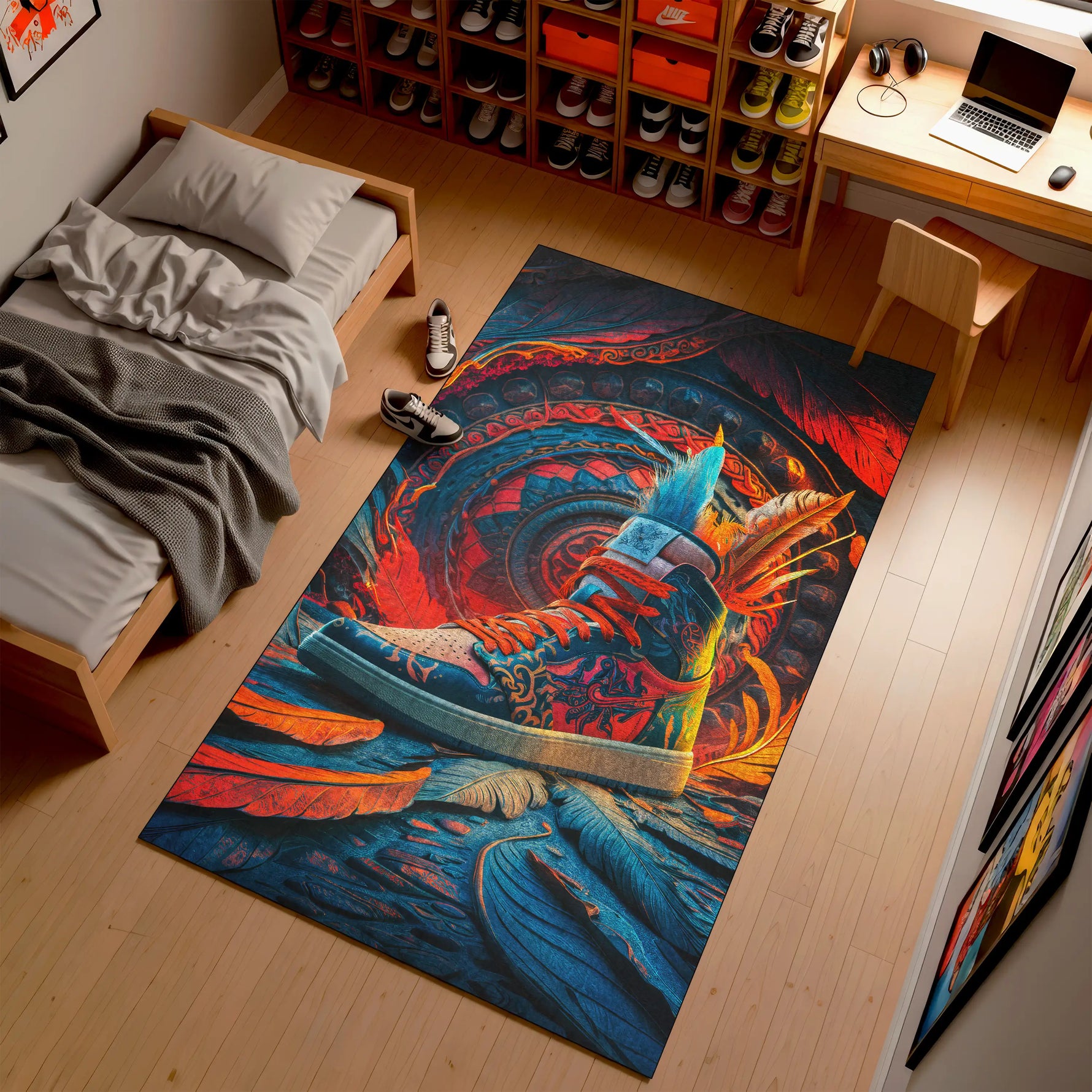 Colorful rug with a shoe design on a wooden floor in a room with a bed and desk.

