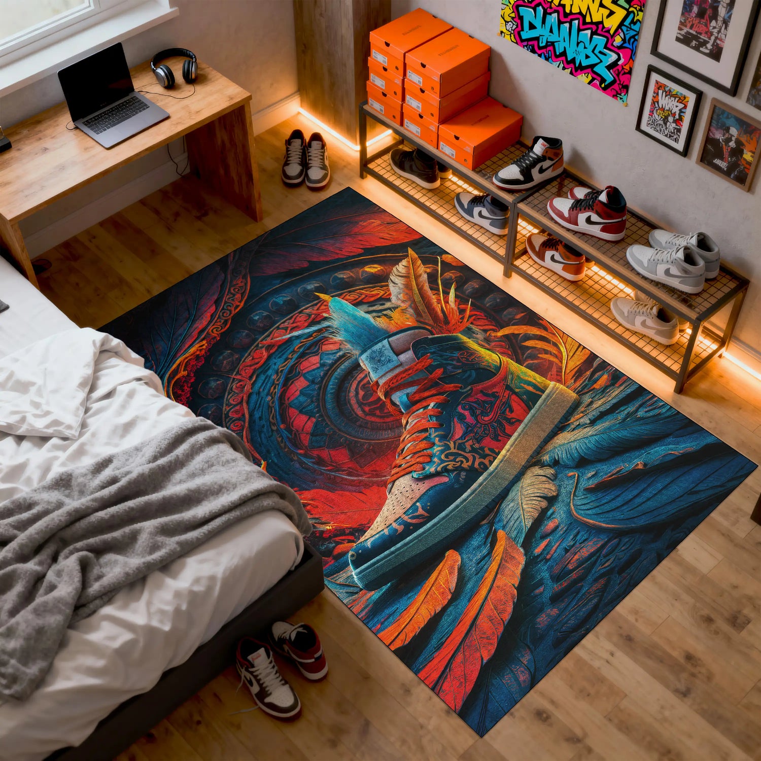 Colorful rug with a wolf design in a bedroom setting

