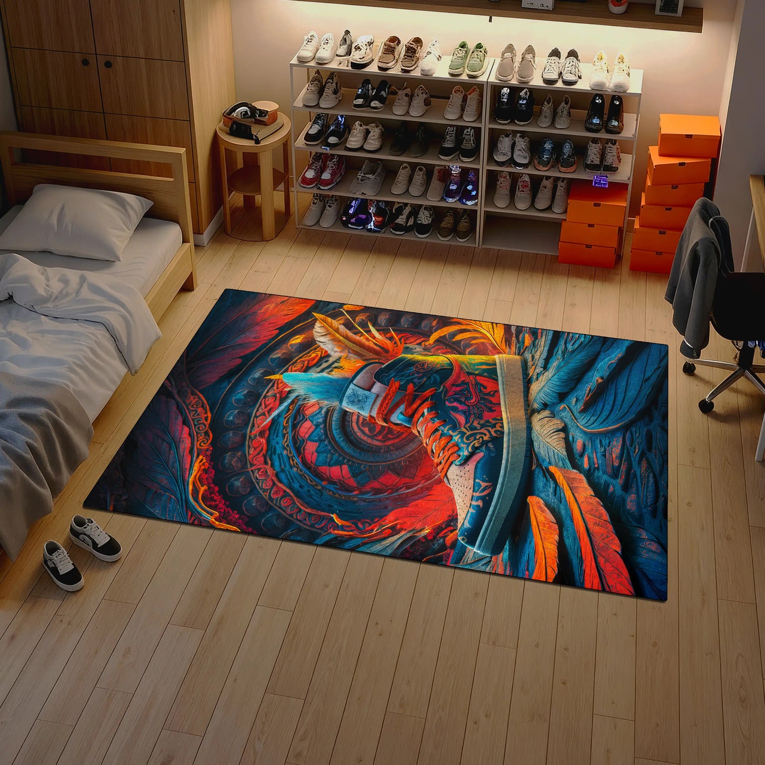Colorful rug with a dragon design on a wooden floor in a room with shelves and shoes.

