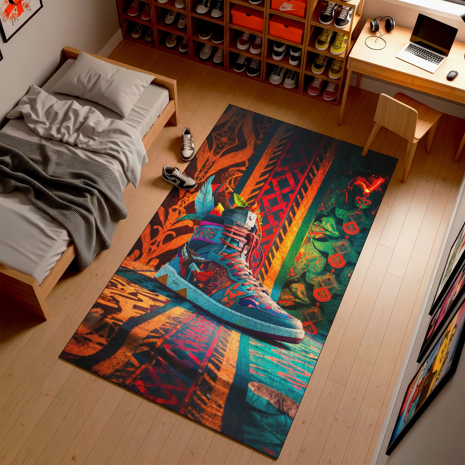 Tribal sneaker rug with bold orange and teal design, washable