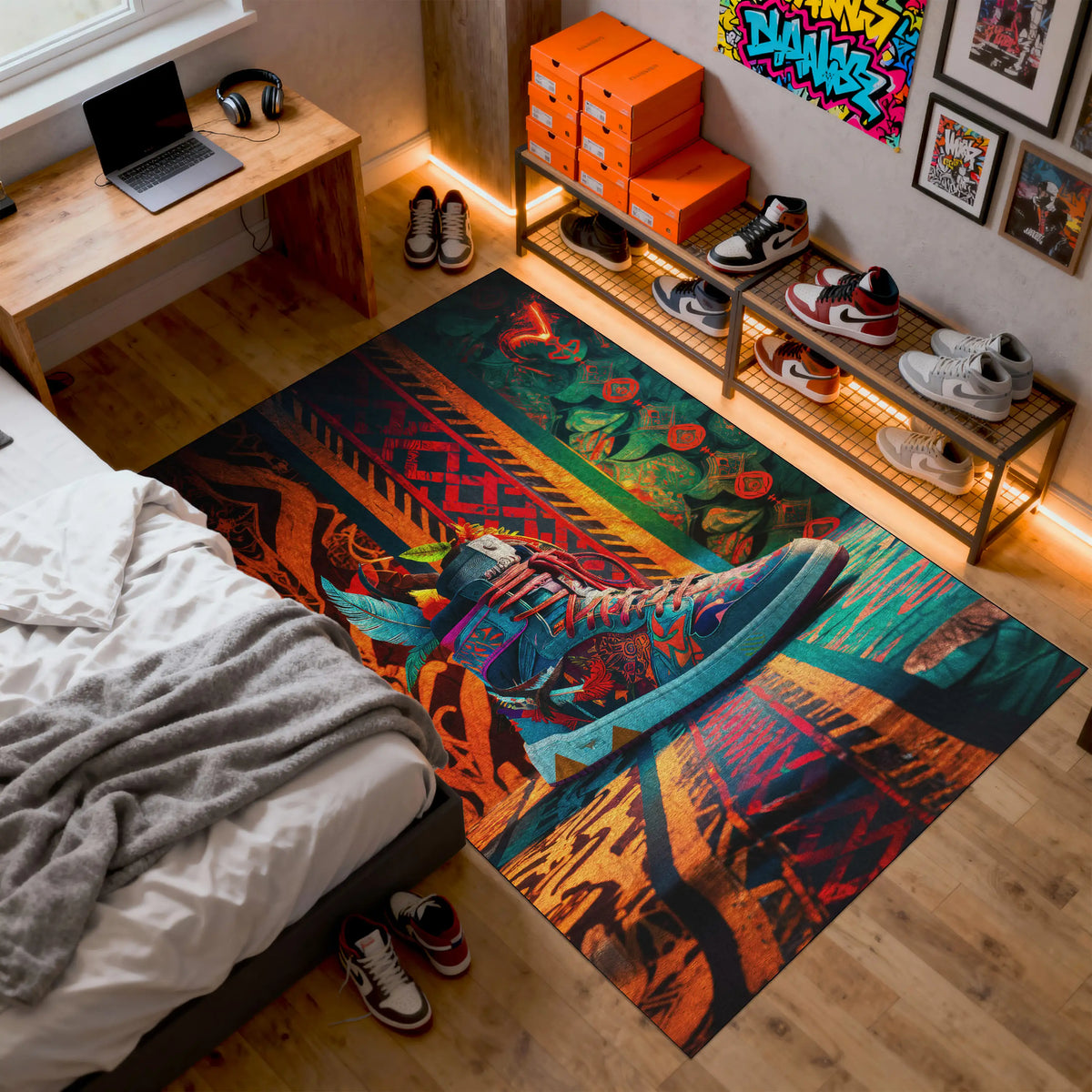 Colorful rug with shoes on a wooden floor in a room with shelves and a laptop.

