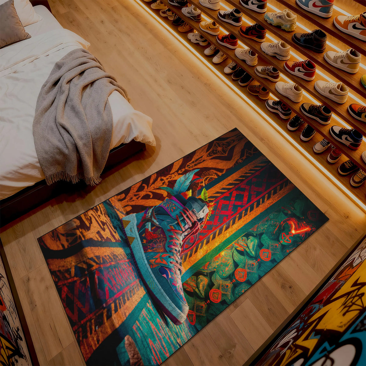 Colorful rug with a vibrant design on a wooden floor next to a bed.

