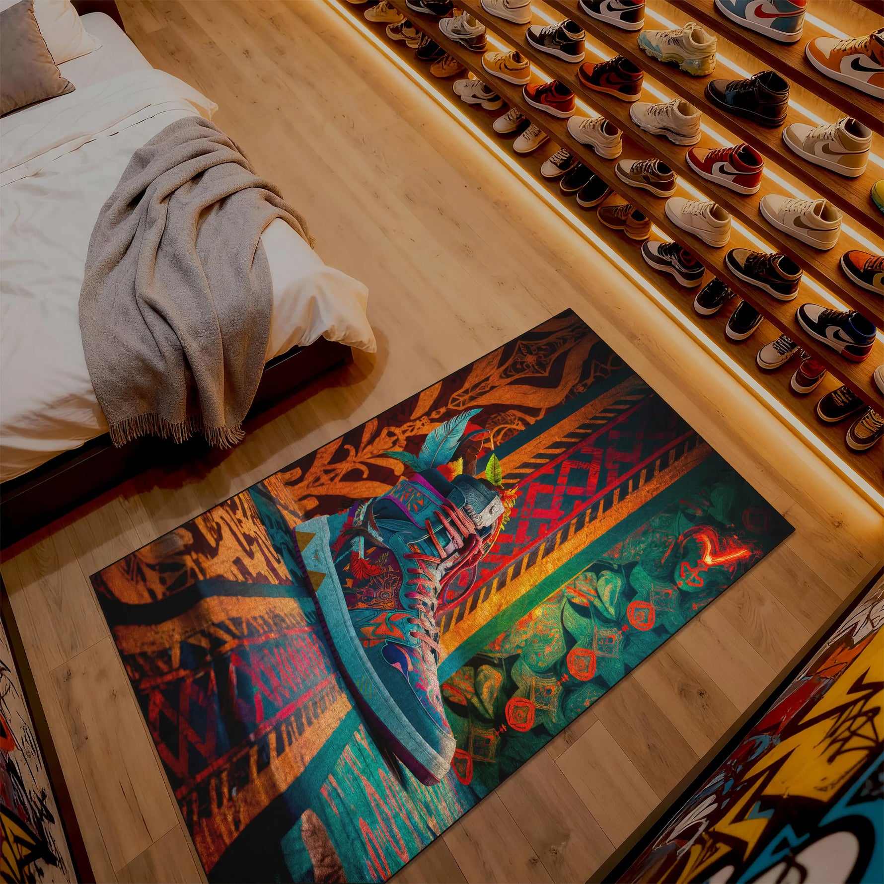 Colorful rug with a vibrant design on a wooden floor next to a bed.

