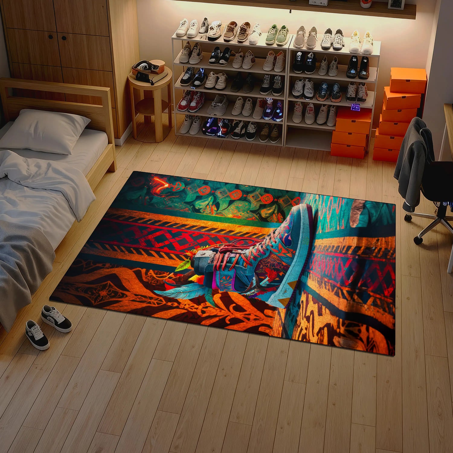 Colorful rug with a shoe design in a room with shelves and furniture.

