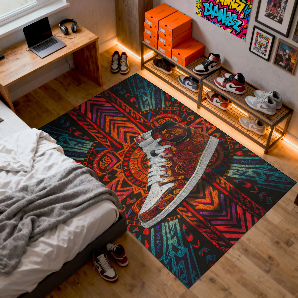 Colorful rug with a shoe design in a room with a bed and shelves.

