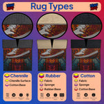 Illustration of rug types with examples and labels on a purple background

