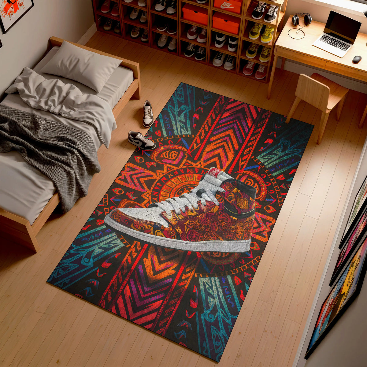 Colorful rug with a shoe design in a room with a bed, desk, and shelves.

