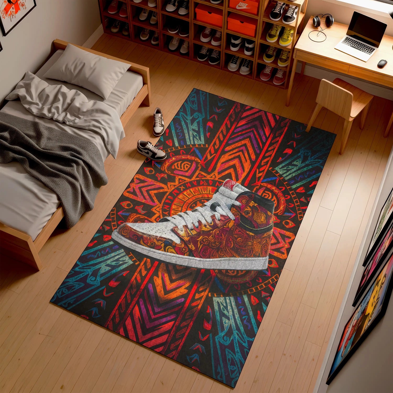 Colorful rug with a shoe design in a room with a bed, desk, and shelves.

