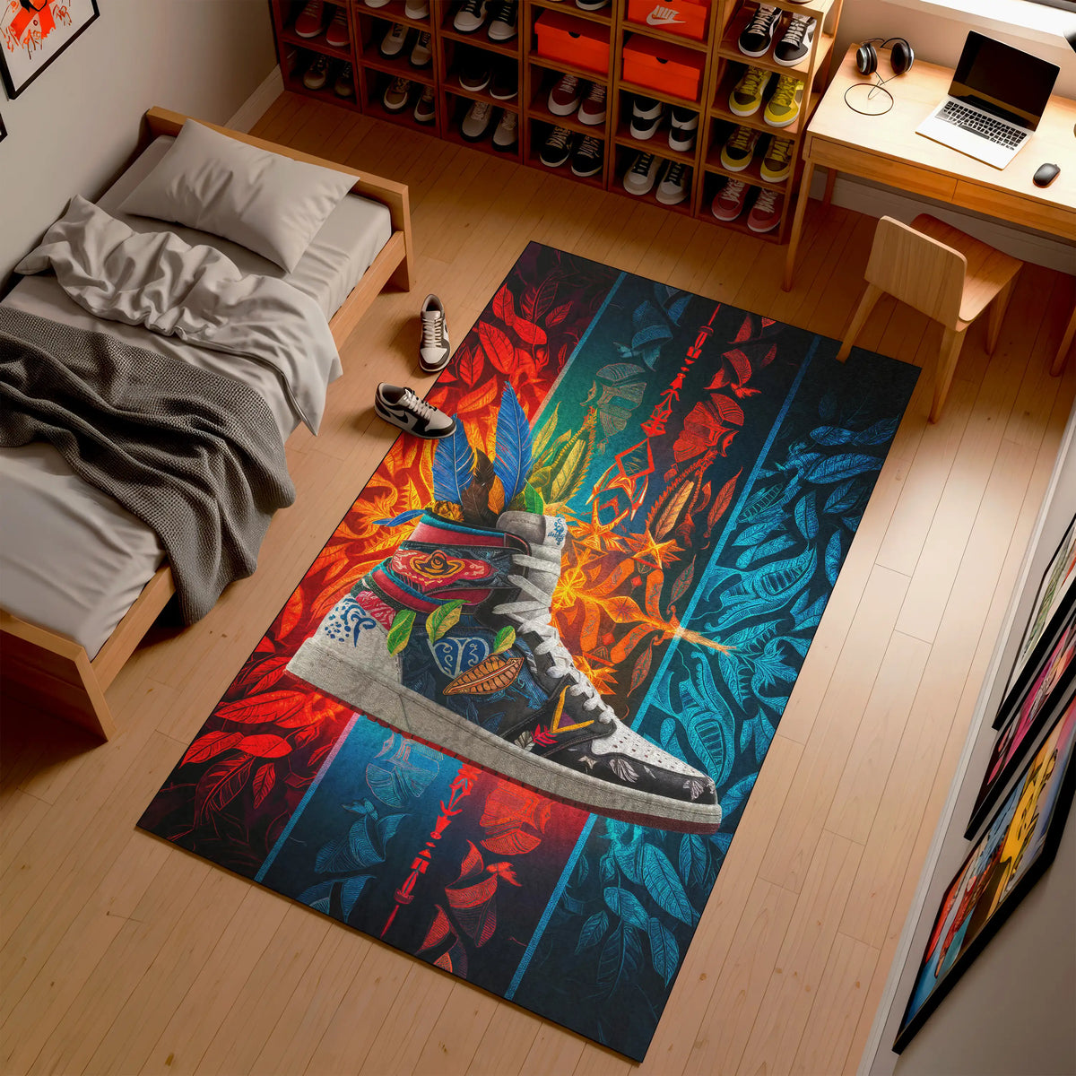 Colorful rug with a shoe design on a wooden floor in a room with a bed and desk.

