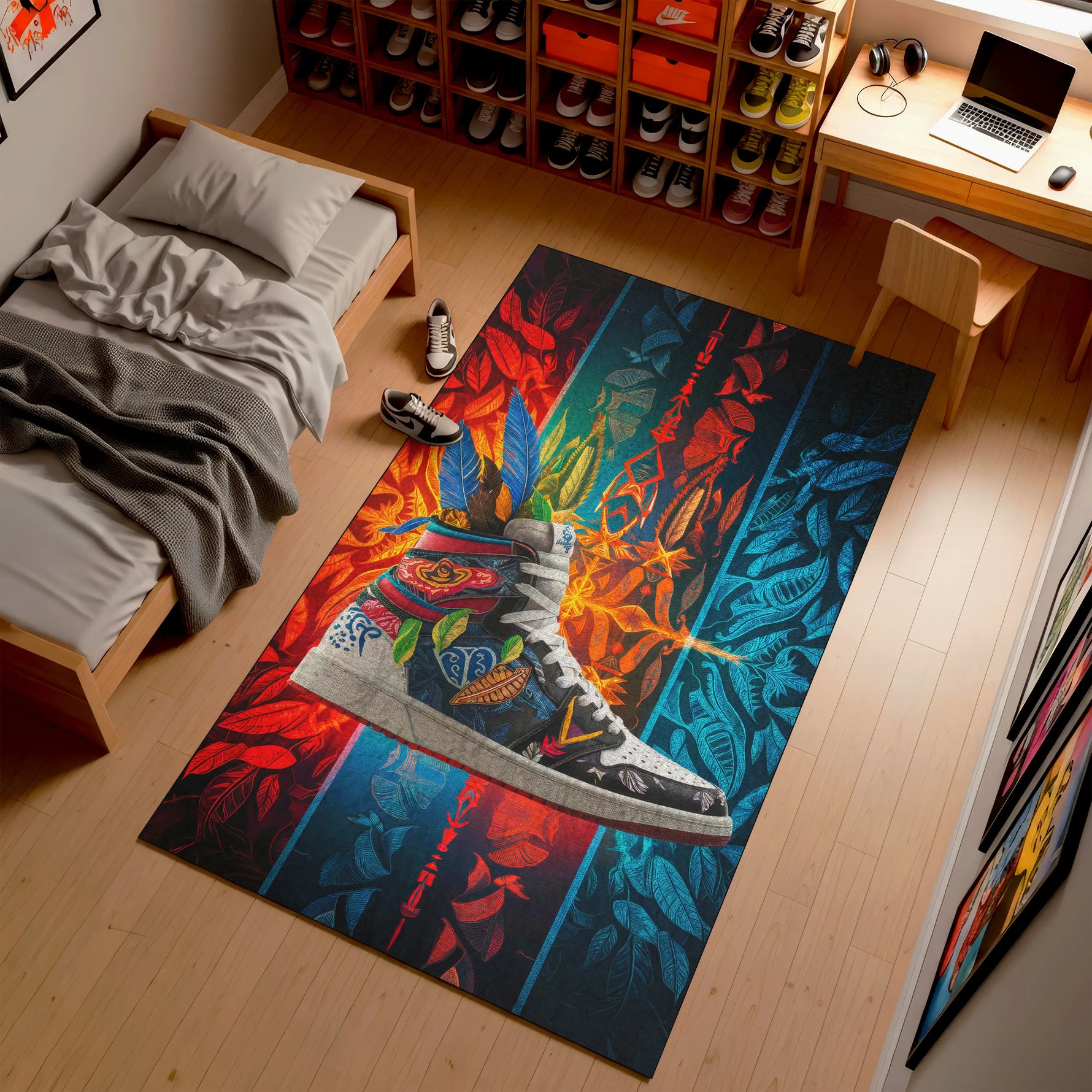 Colorful rug with a shoe design on a wooden floor in a room with a bed and desk.

