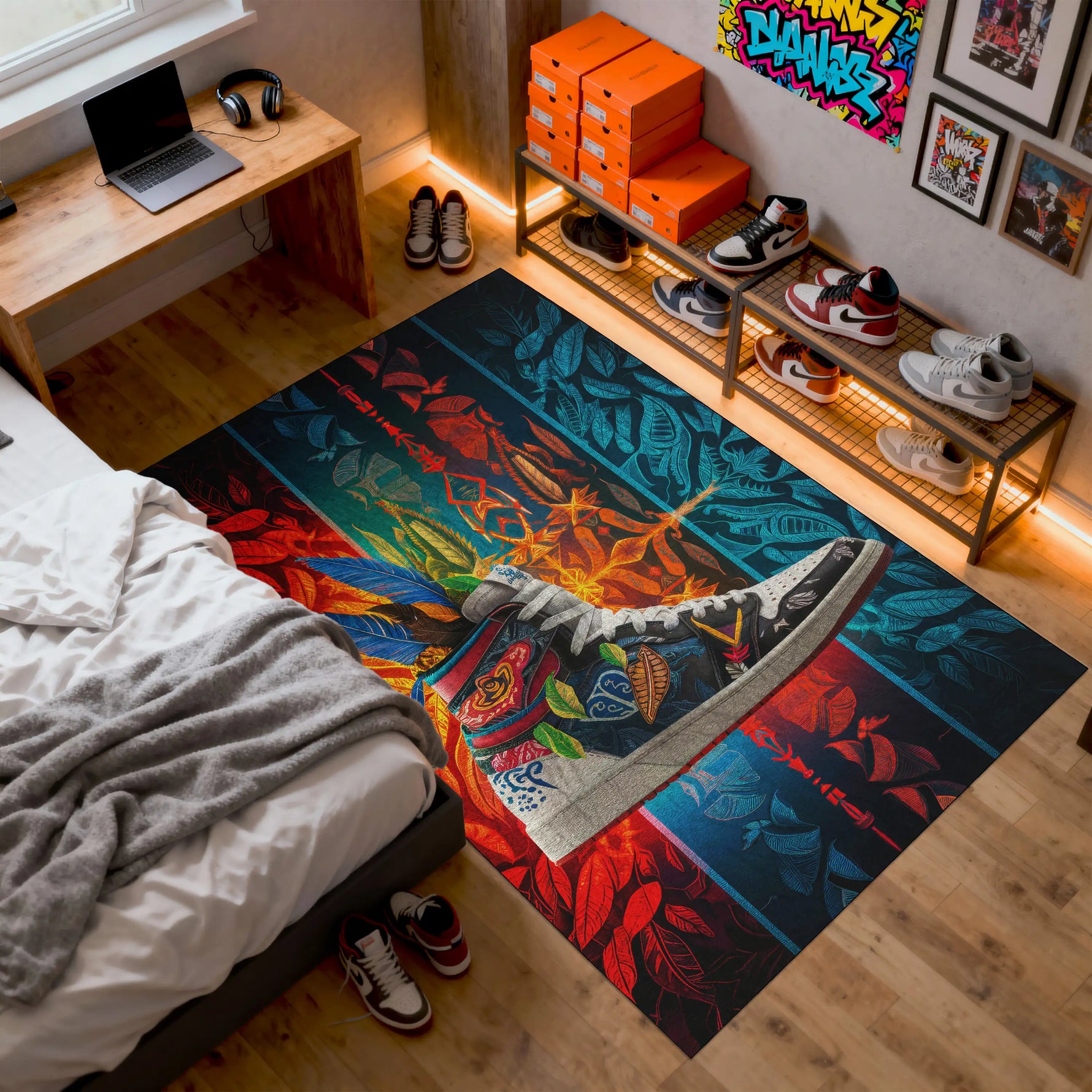 Colorful rug with shoe design in a room with shelves and a bed.

