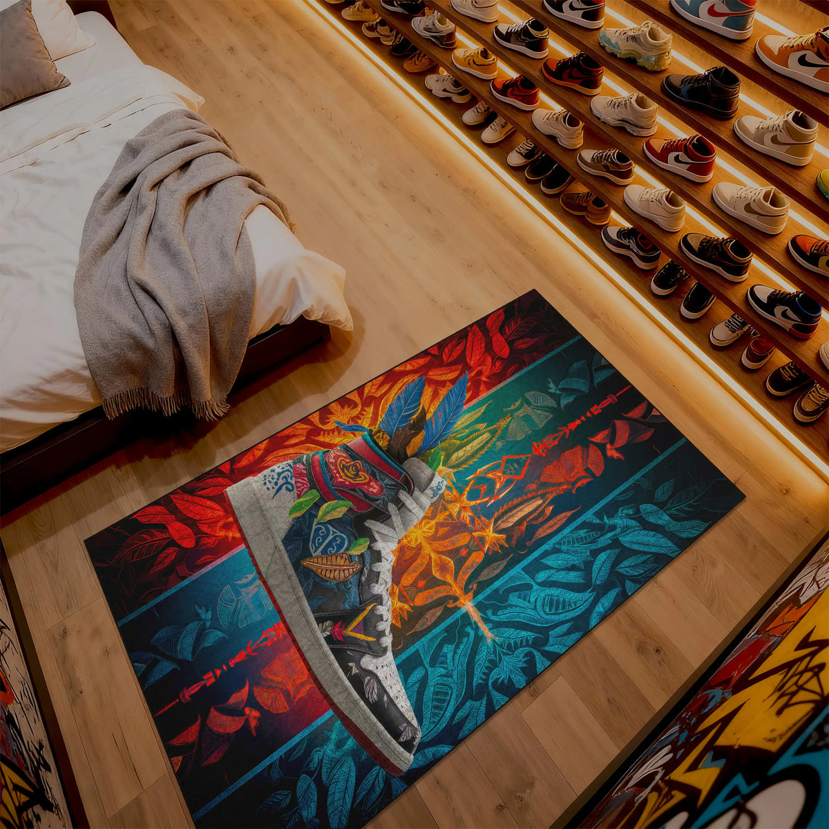 Colorful rug with a shoe design on a wooden floor next to a bed.

