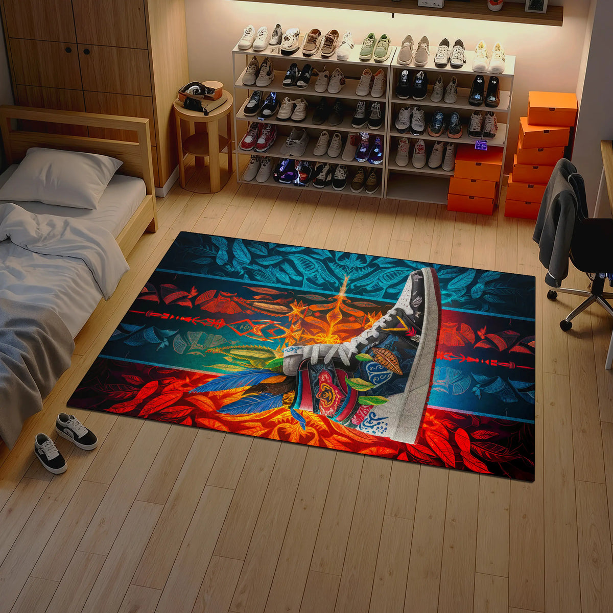 Colorful rug on a wooden floor with a bed and shelves in the background

