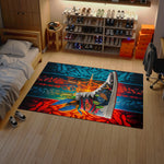 Colorful rug on a wooden floor with a bed and shelves in the background

