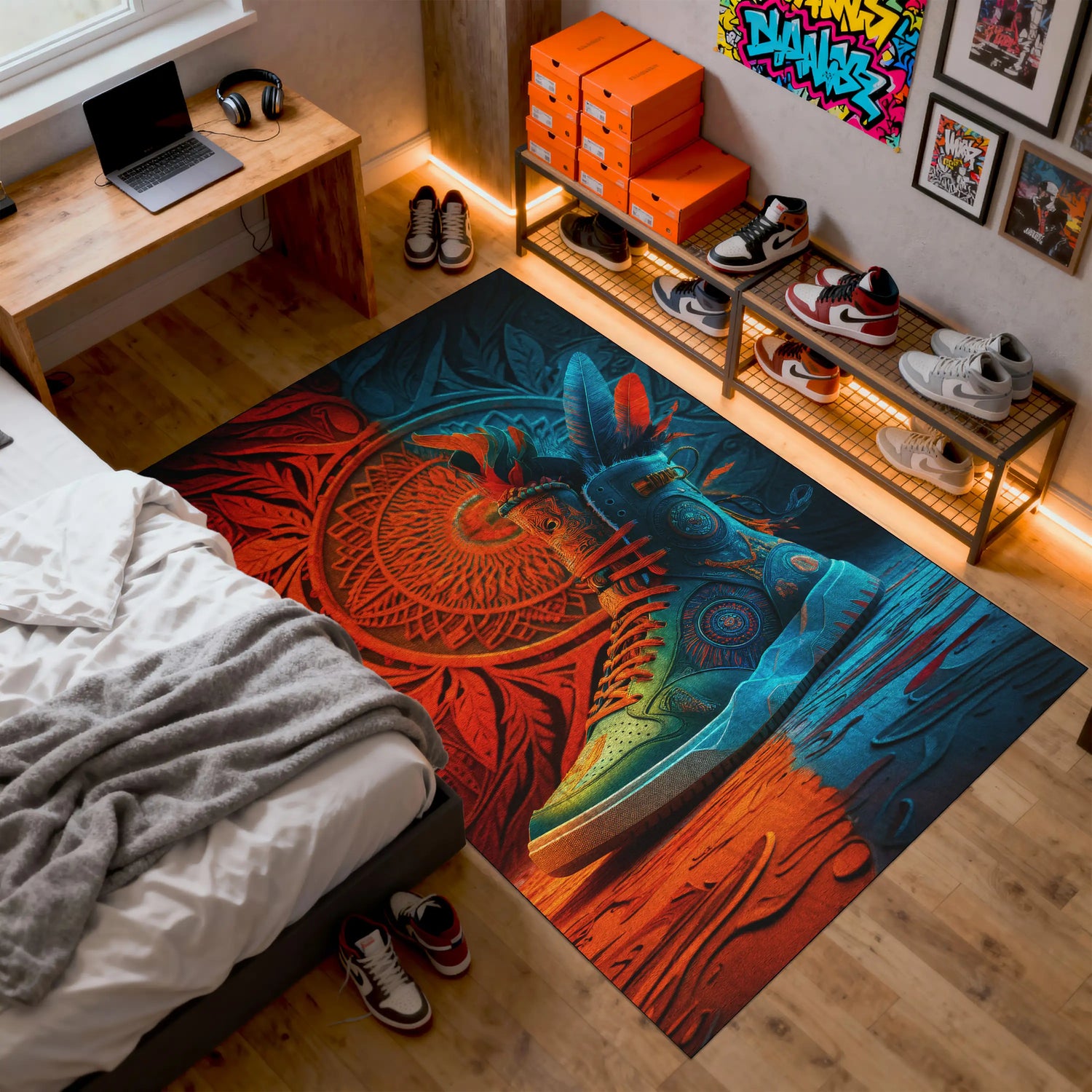Colorful rug with abstract design in a room with a bed and shelves.

