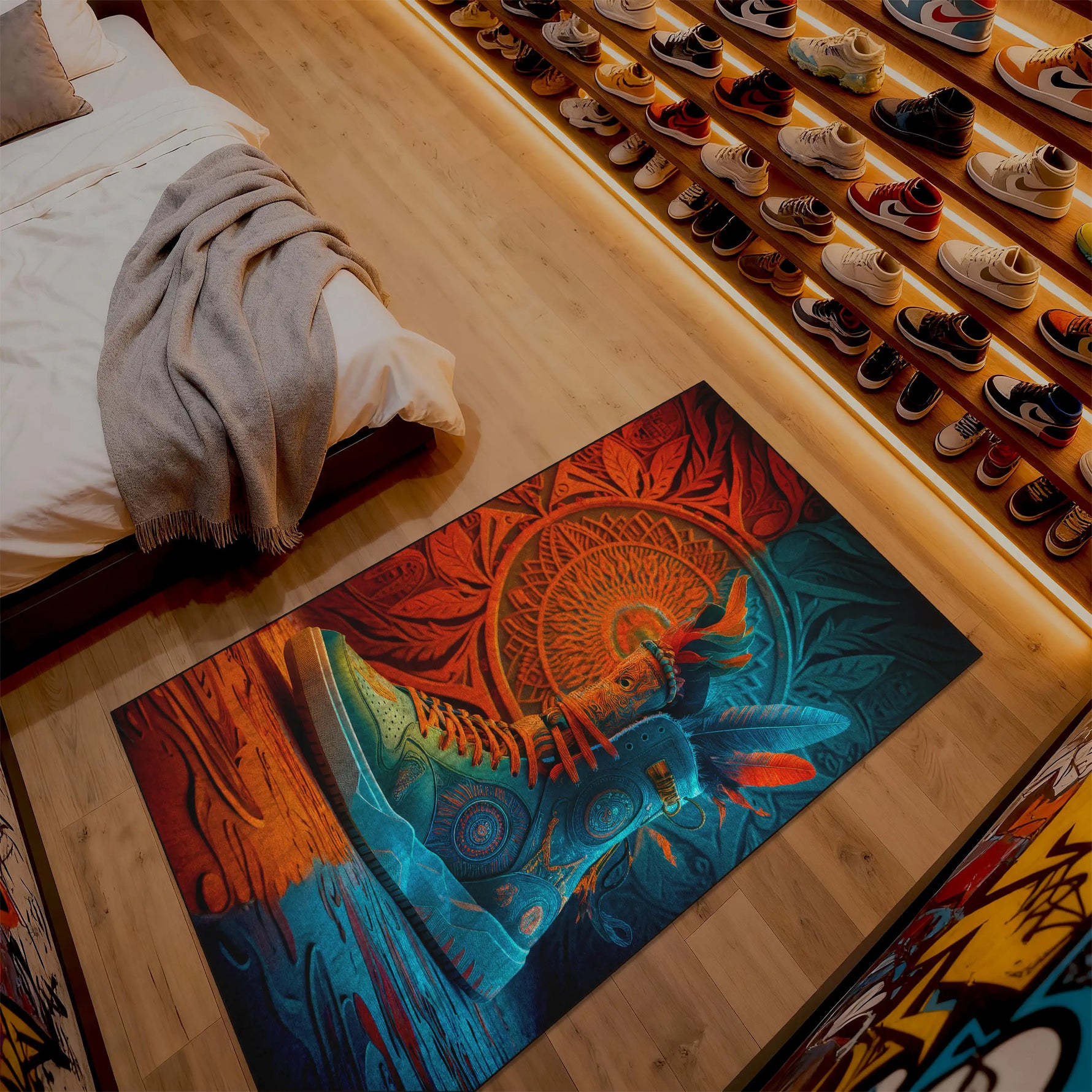 Colorful rug with shoe design on a wooden floor next to a bed

