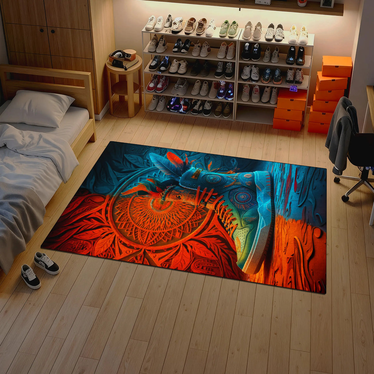 Colorful rug with abstract design on a wooden floor in a room with shelves and shoes.


