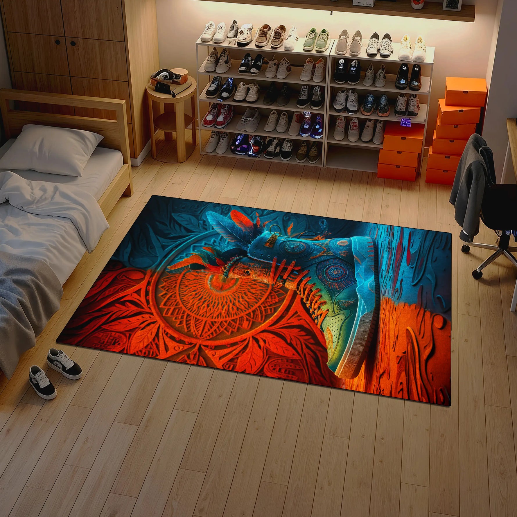 Colorful rug with abstract design on a wooden floor in a room with shelves and shoes.

