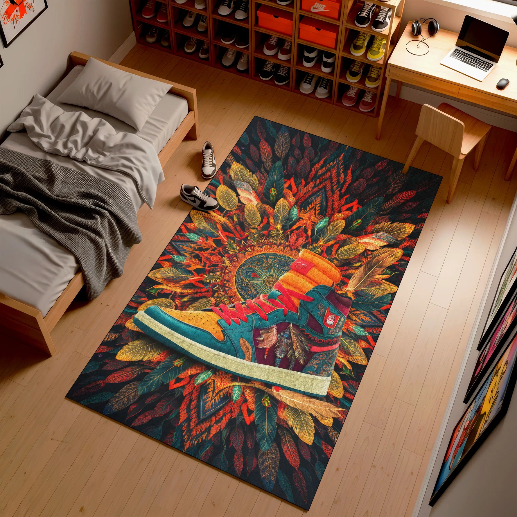 Colorful rug with a design of a boot and feathers on a wooden floor.

