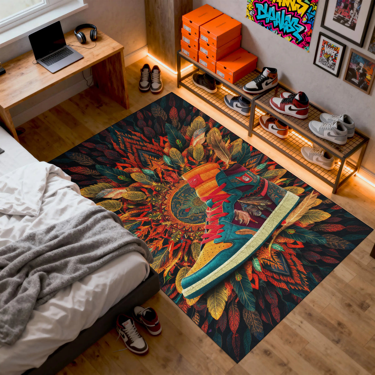 Colorful rug with geometric design in a bedroom setting

