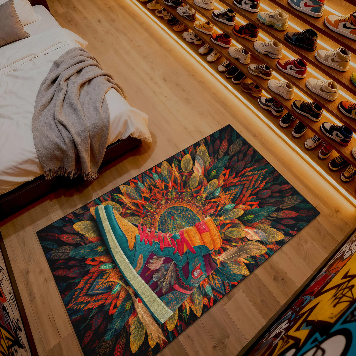Colorful rug on a wooden floor with a shoe rack in the background

