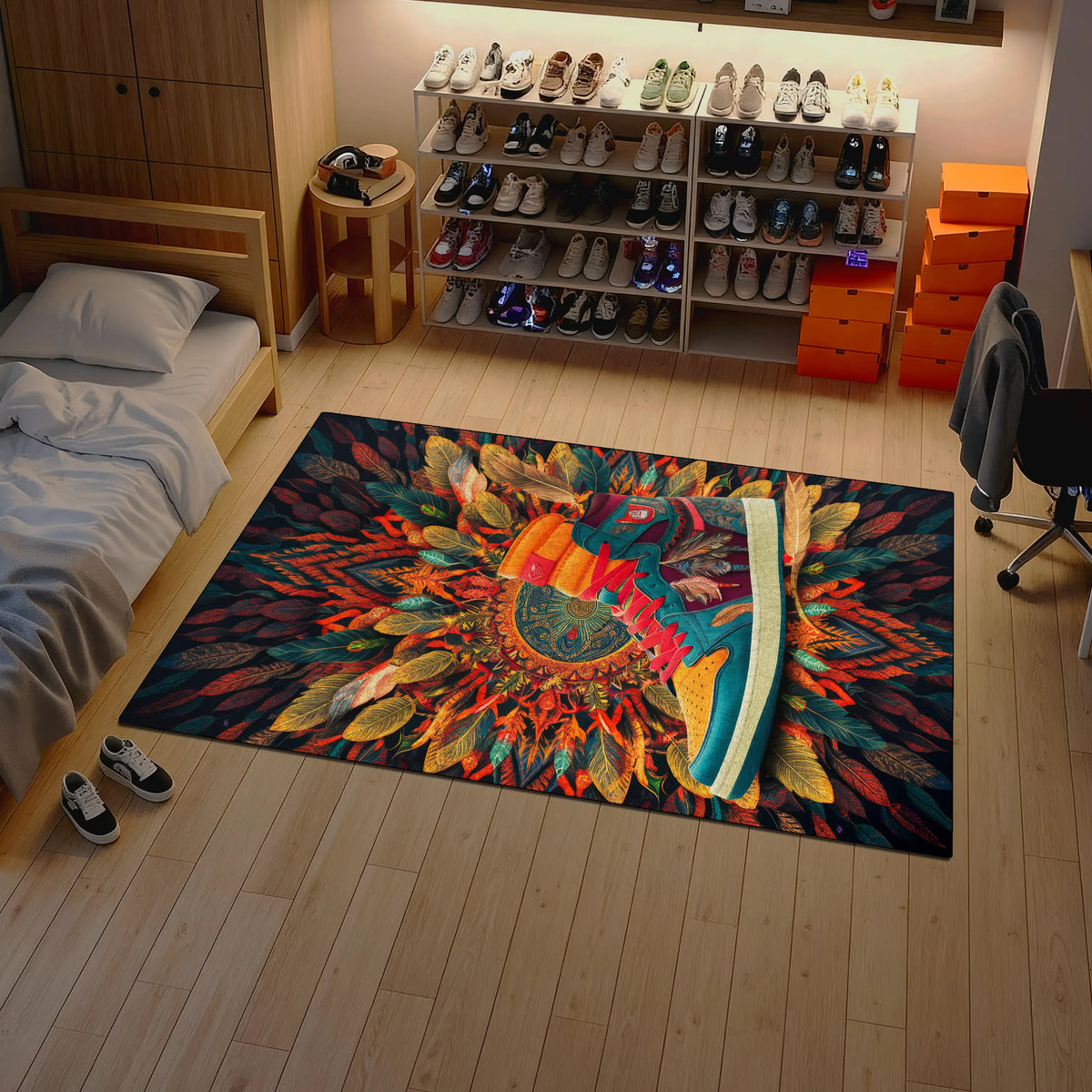 Colorful mandala rug on a wooden floor with a bed and shelves in the background.

