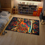 Colorful mandala rug on a wooden floor with a bed and shelves in the background.

