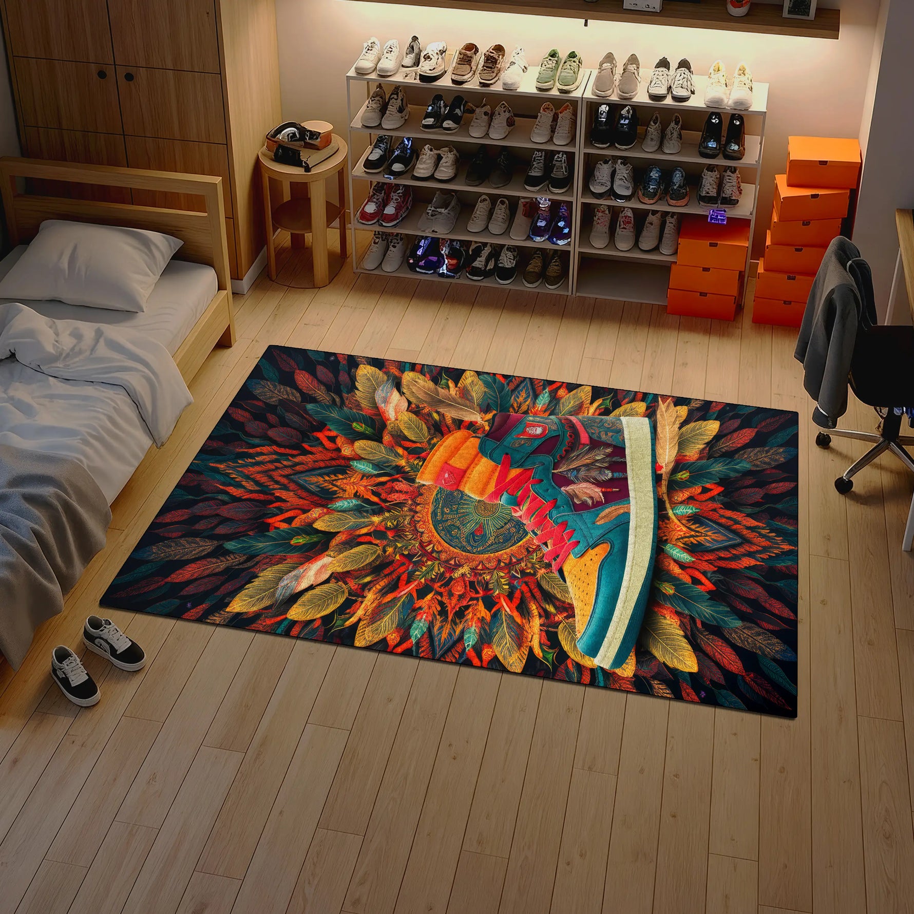 Colorful mandala rug on a wooden floor with a bed and shelves in the background.

