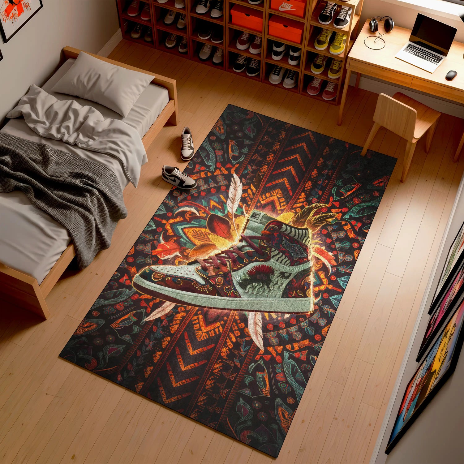 Dark Tribal Sneaker Rug – Washable Non-Slip Streetwear Decor | SneakerHead