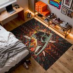 Room with a colorful rug featuring a deer design, shelves with shoes, and a bed.


