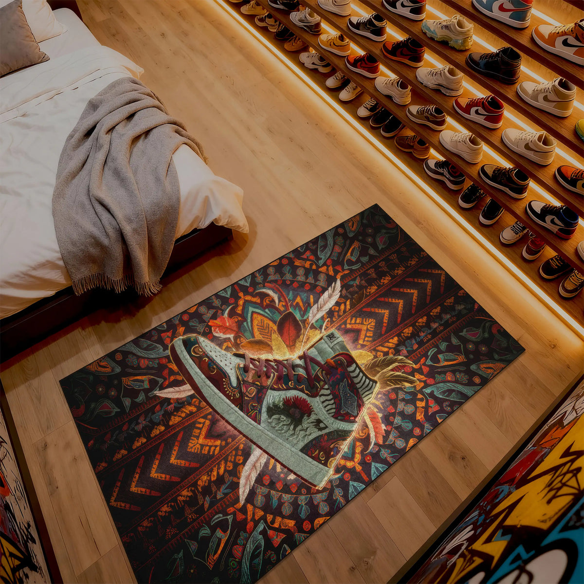 Colorful rug with a shoe design on a wooden floor next to a bed.

