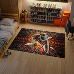 Colorful rug with a deer design on a wooden floor in a room with shelves and shoes.

