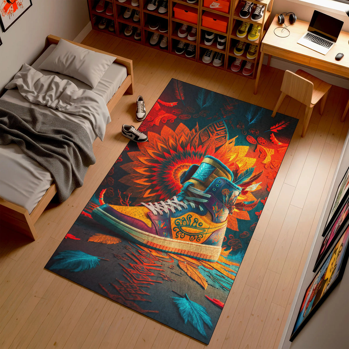 Colorful rug with a shoe design on a wooden floor in a room with a bed and shelves.

