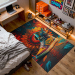 Colorful rug with a shoe design in a bedroom setting

