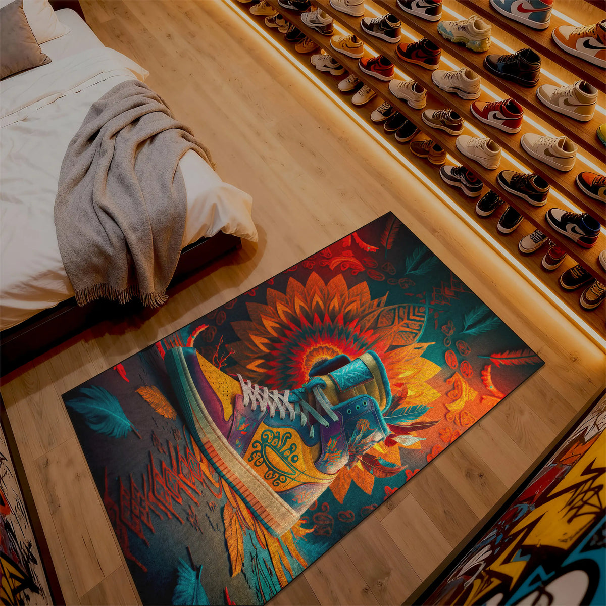 Colorful rug with a shoe design on a wooden floor next to a bed.

