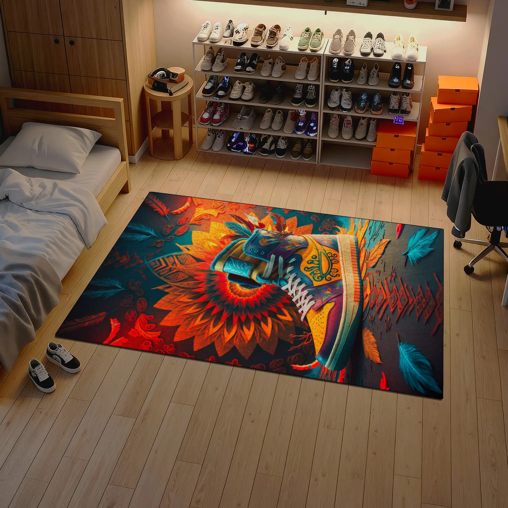 Colorful rug with a shoe design on a wooden floor in a room with shelves and furniture.

