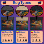 Three rug types with corresponding shoe designs and material labels on a colorful background.

