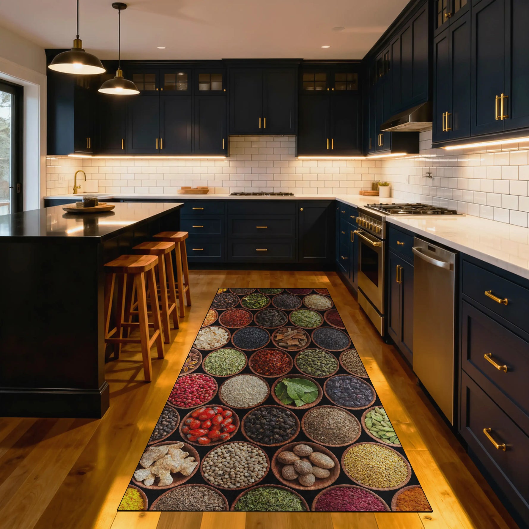 Washable non-slip kitchen runner featuring mixed spices