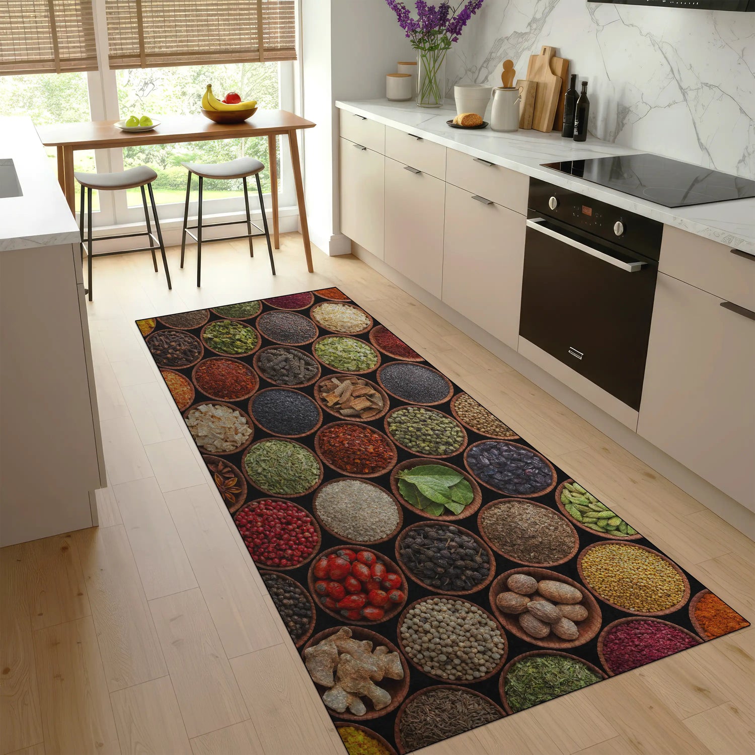 Colorful spice bowl kitchen rug with rustic design