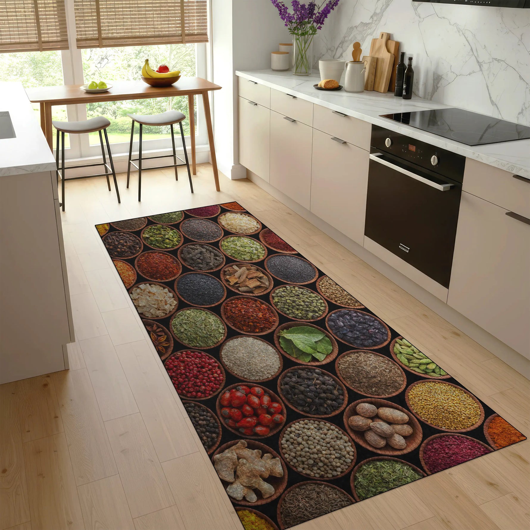 Colorful spice bowl kitchen rug with rustic design