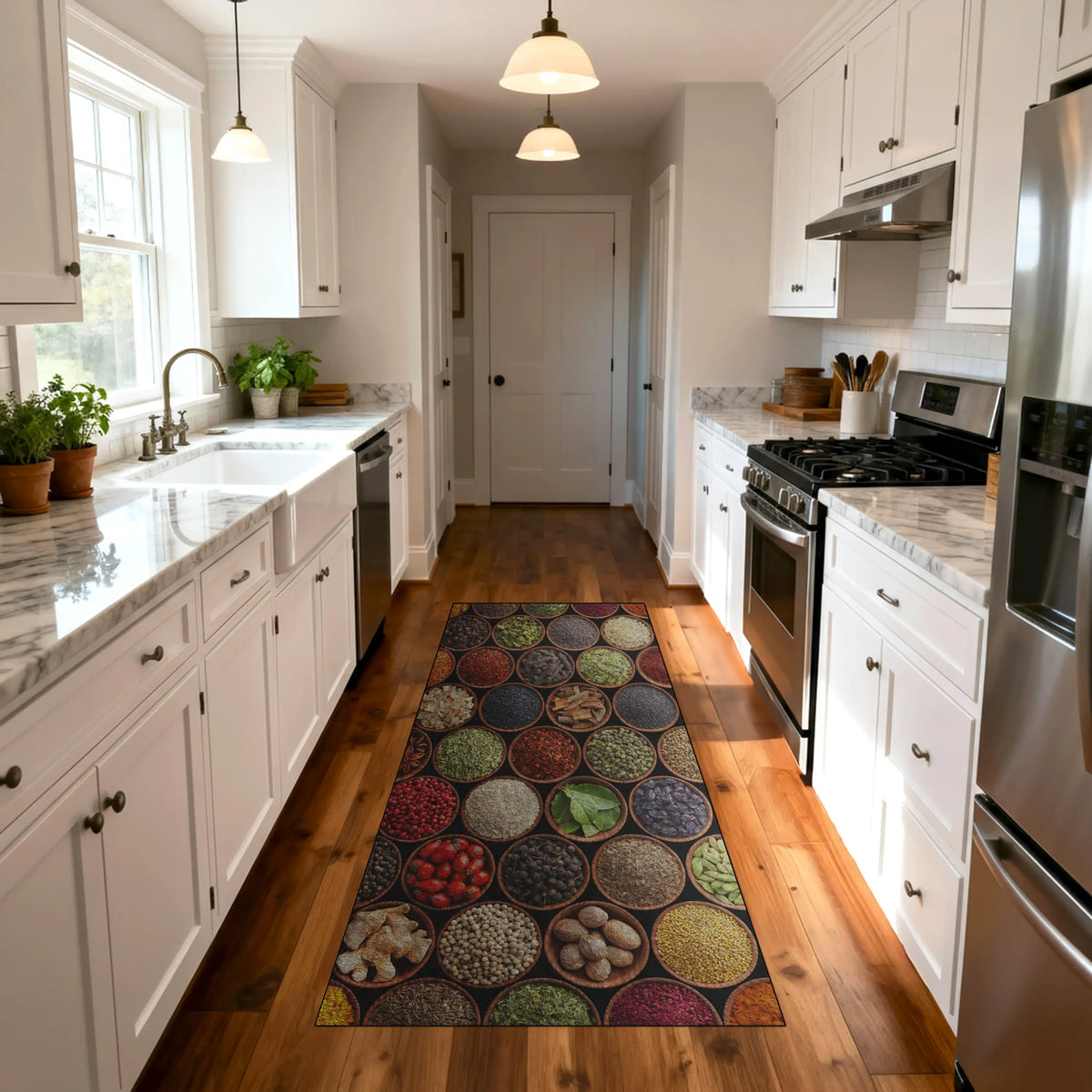 Vibrant kitchen rug with circular spice pattern